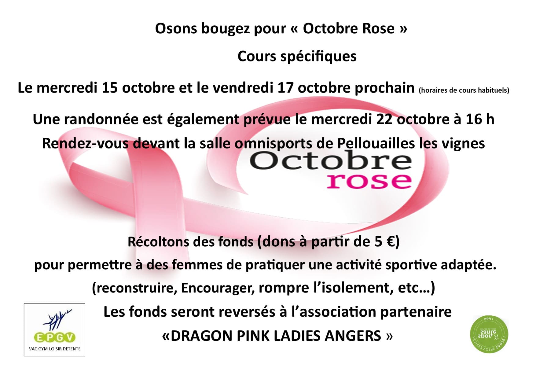 Osons bouger pour Octobre Rose - Deux cours spécifiques et une randonnée pédestre